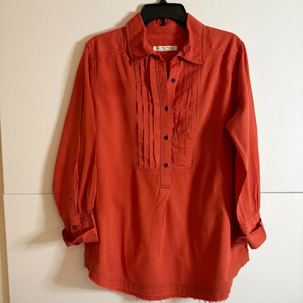 We the Free Orange Boho Western Tie Tux Oversize Button-Down Tunic Top Size Med